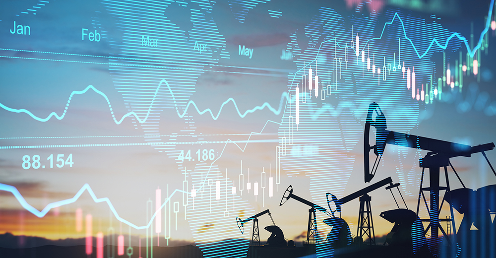 Rise in gasoline prices concept with double exposure of digital screen with financial chart graphs and oil pumps on a field. Rise in gasoline prices concept with double exposure of digital screen with financial chart graphs and oil pumps on a field.