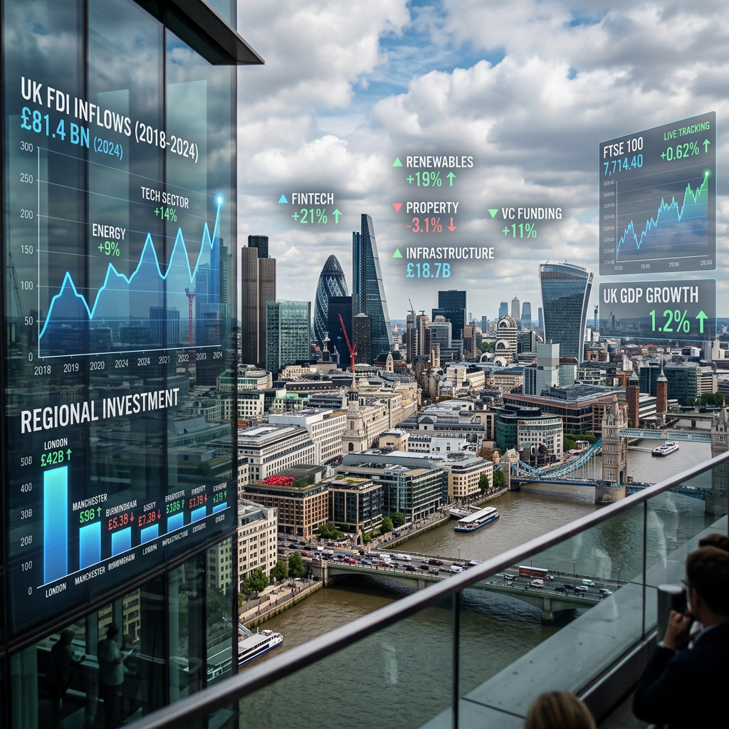 Firefly_Gemini Flash_investment in the UK, cityscape, hyper-realistic, rising and falling stats & figures 555059