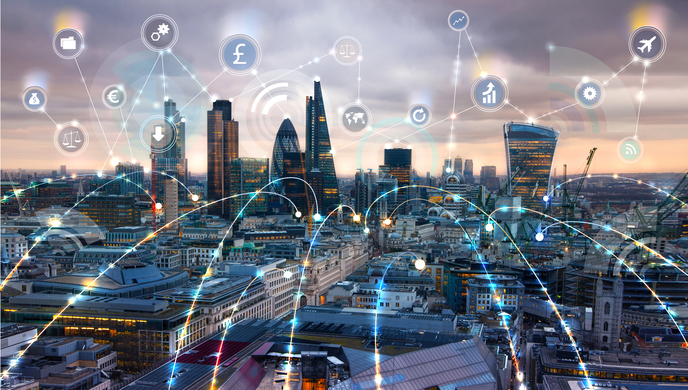 Modern skyscrapers City of London and business network connections concept. Technology, transformation and innovation idea.